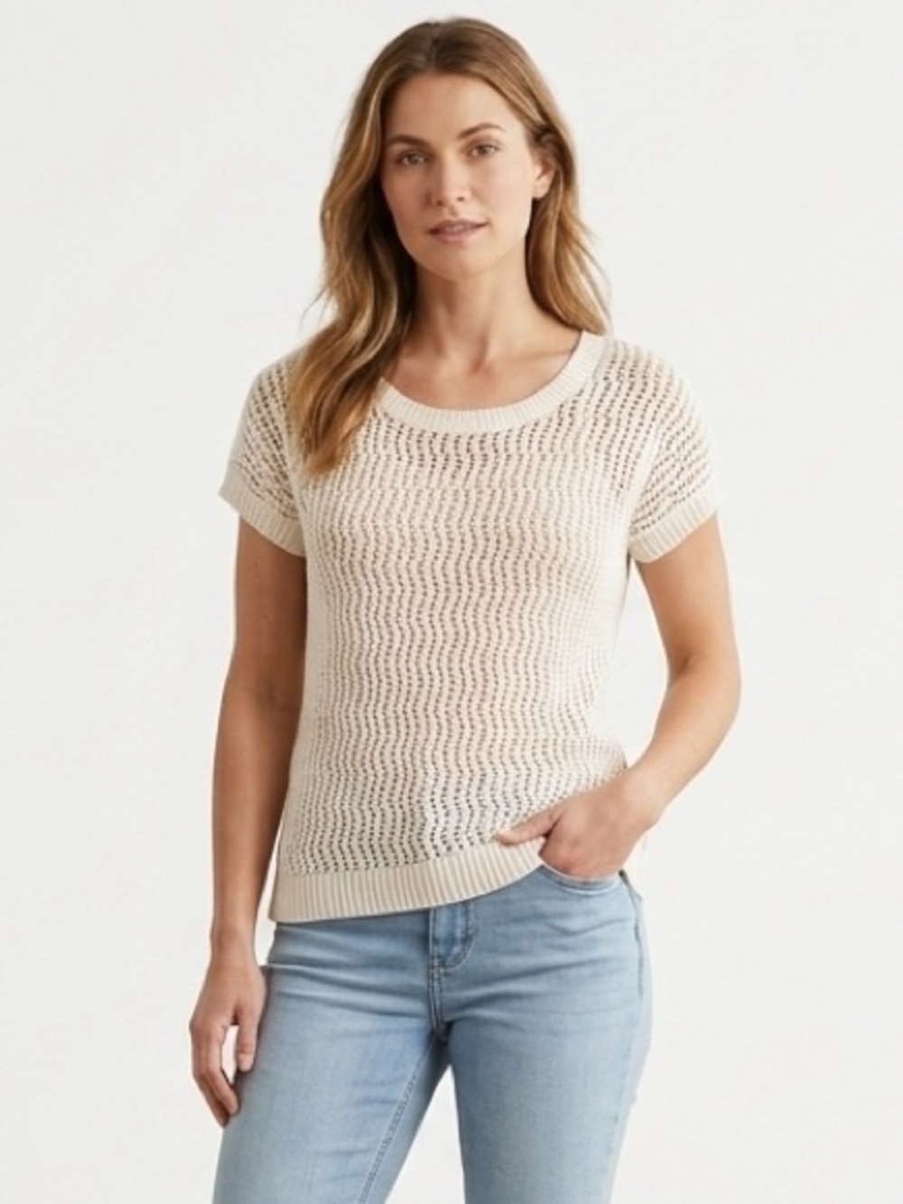 Eddie Bauer Open-Knit Crochet Short-Sleeve Sweater Linen Cotton Small